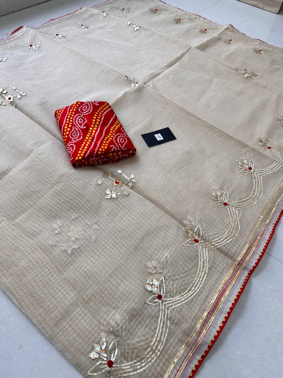 Jaipuri Gota Patti Embroidered Kota Cotton Tissue Doria Saree