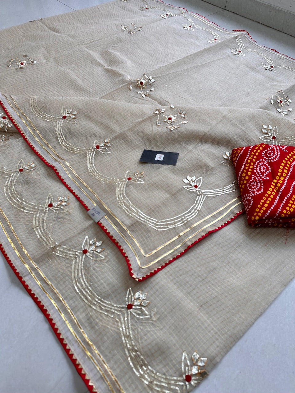 Jaipuri Gota Patti Embroidered Kota Cotton Tissue Doria Saree