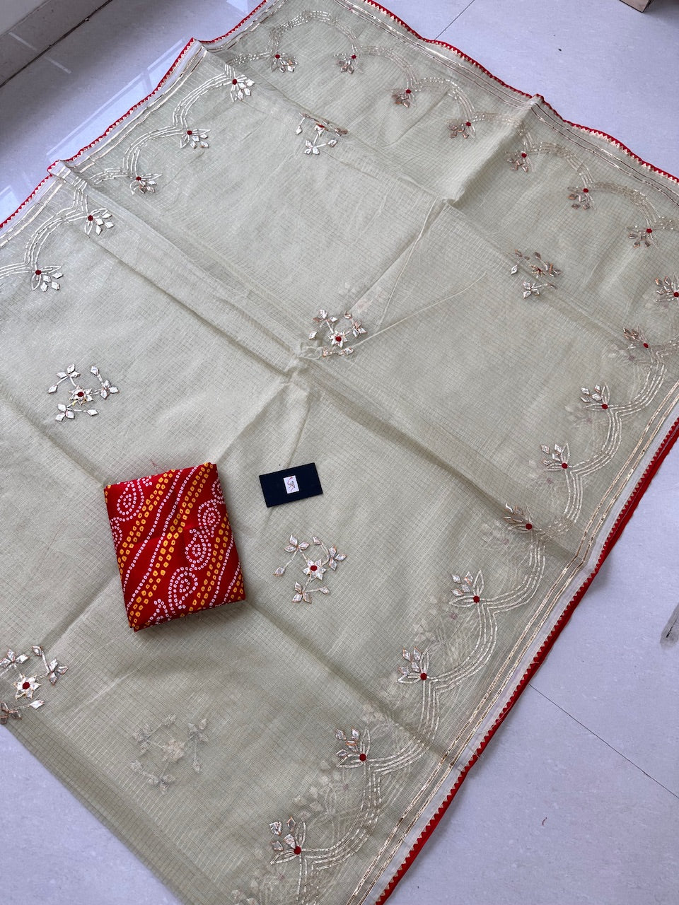 Jaipuri Gota Patti Embroidered Kota Cotton Doria Tissue Saree