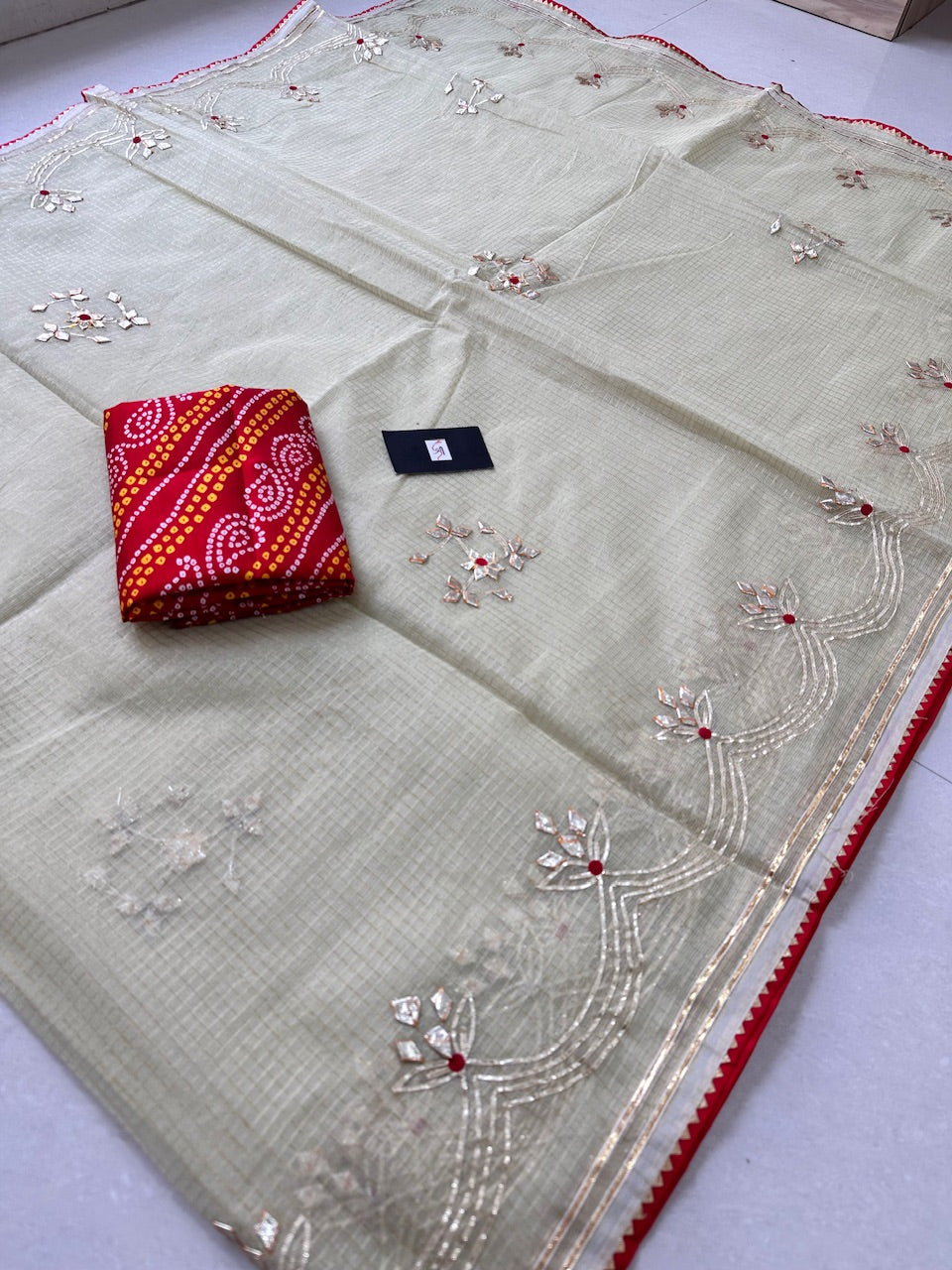 Jaipuri Gota Patti Embroidered Kota Cotton Doria Tissue Saree