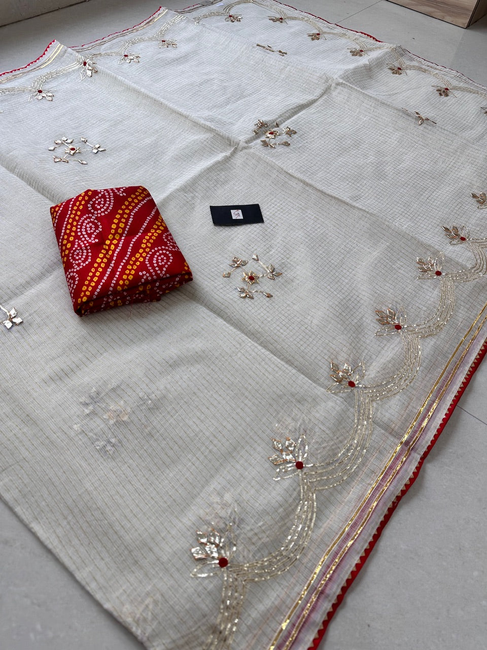 Jaipuri Gota Patti Embroidered Kota Cotton Tissue Saree