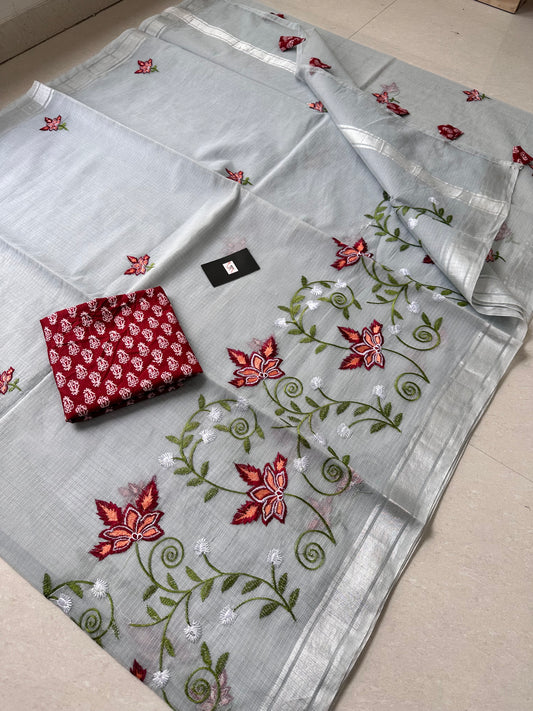 Embroidered Kota Cotton Doria Saree