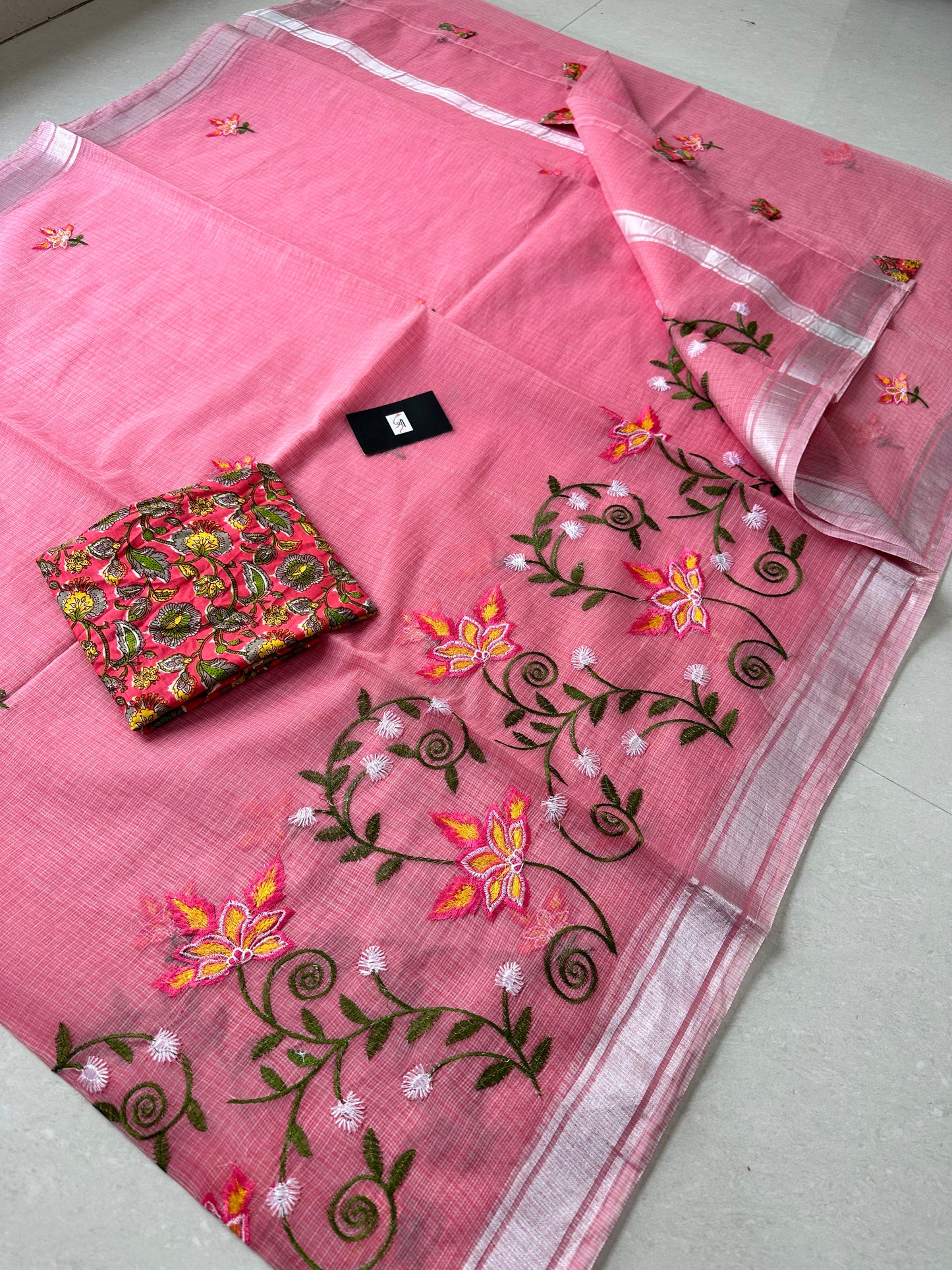 Embroidered Kota Cotton Doria Saree