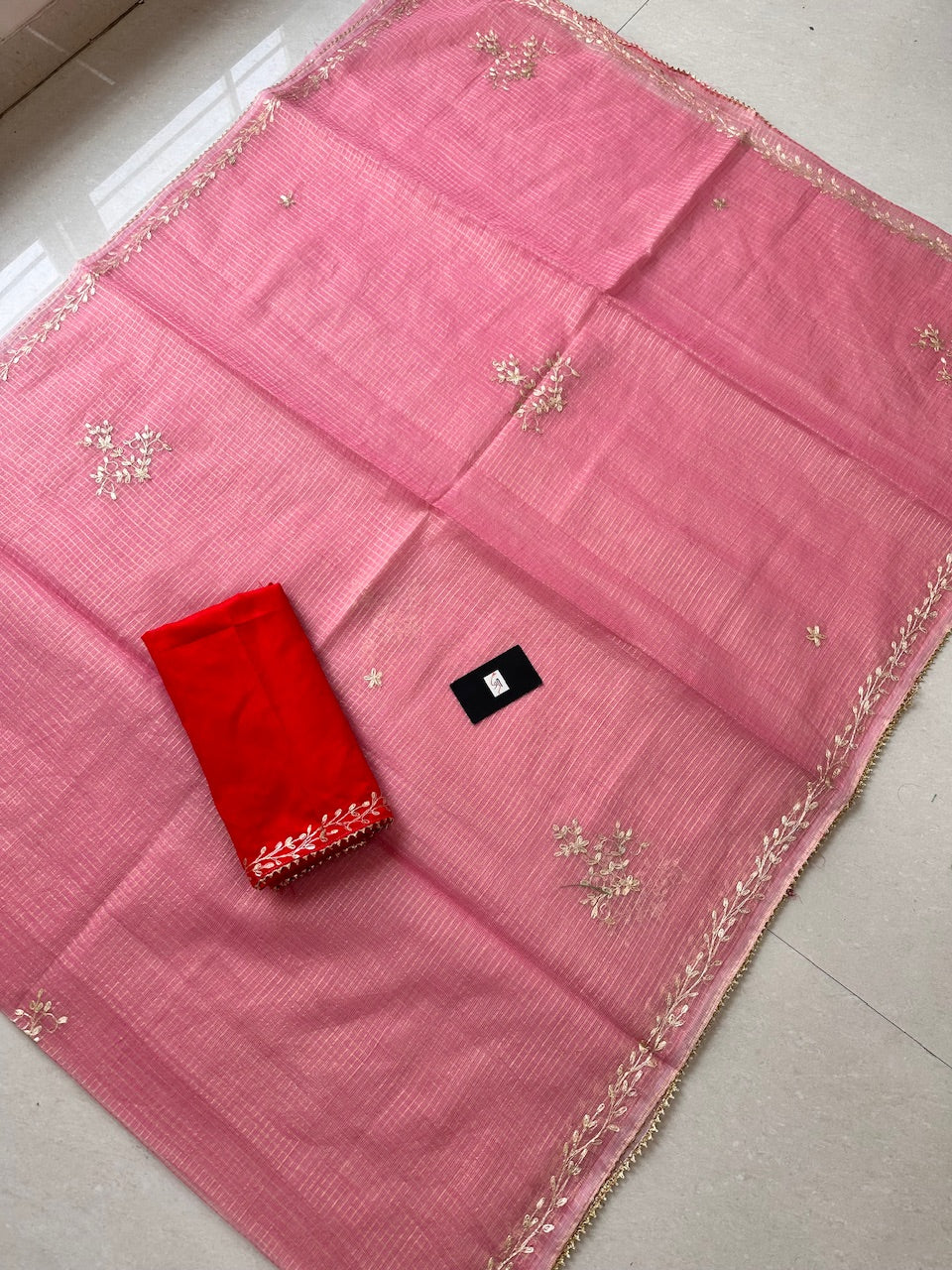 Jaipuri Pitten Work Embroidered Kota Cotton Doria Tissue Saree