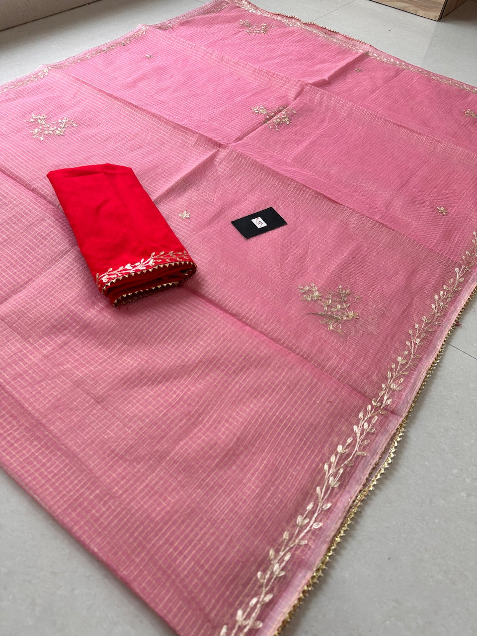 Jaipuri Pitten Work Embroidered Kota Cotton Doria Tissue Saree