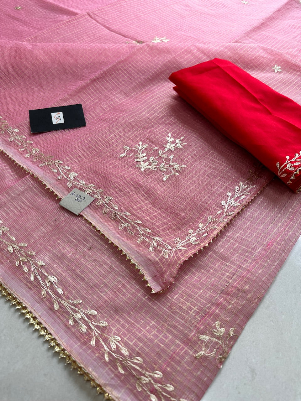 Jaipuri Pitten Work Embroidered Kota Cotton Doria Tissue Saree