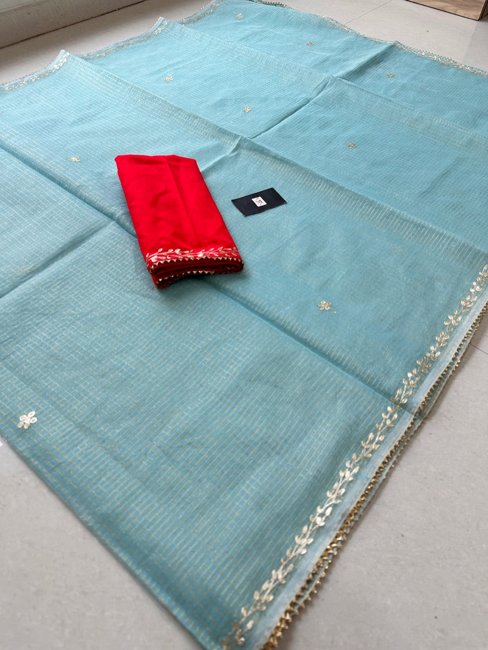 Jaipuri Pitten Embroidered Kota Cotton Tissue Doria Saree