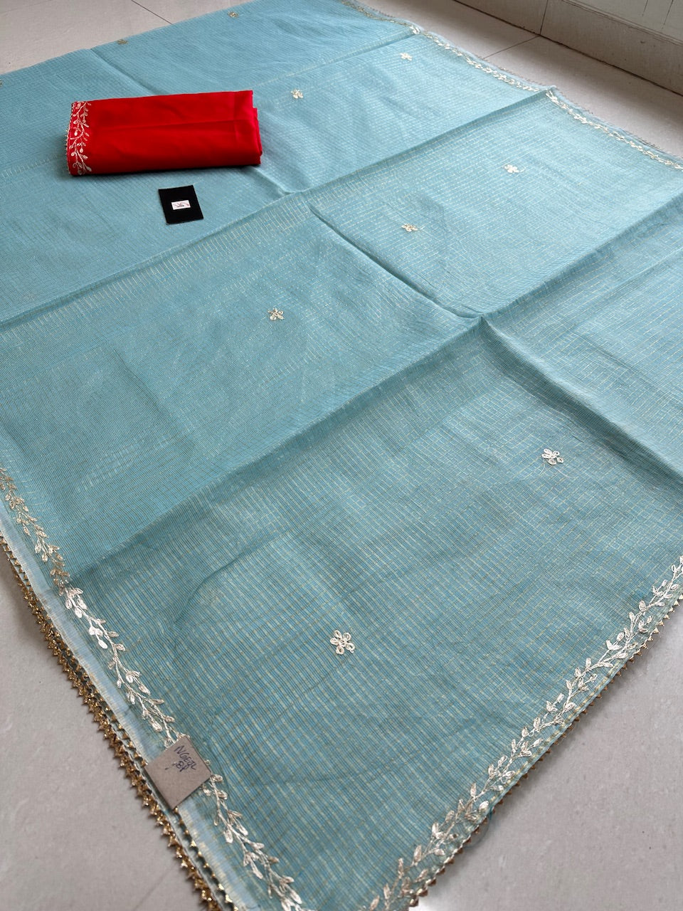 Jaipuri Pitten Embroidered Kota Cotton Tissue Doria Saree