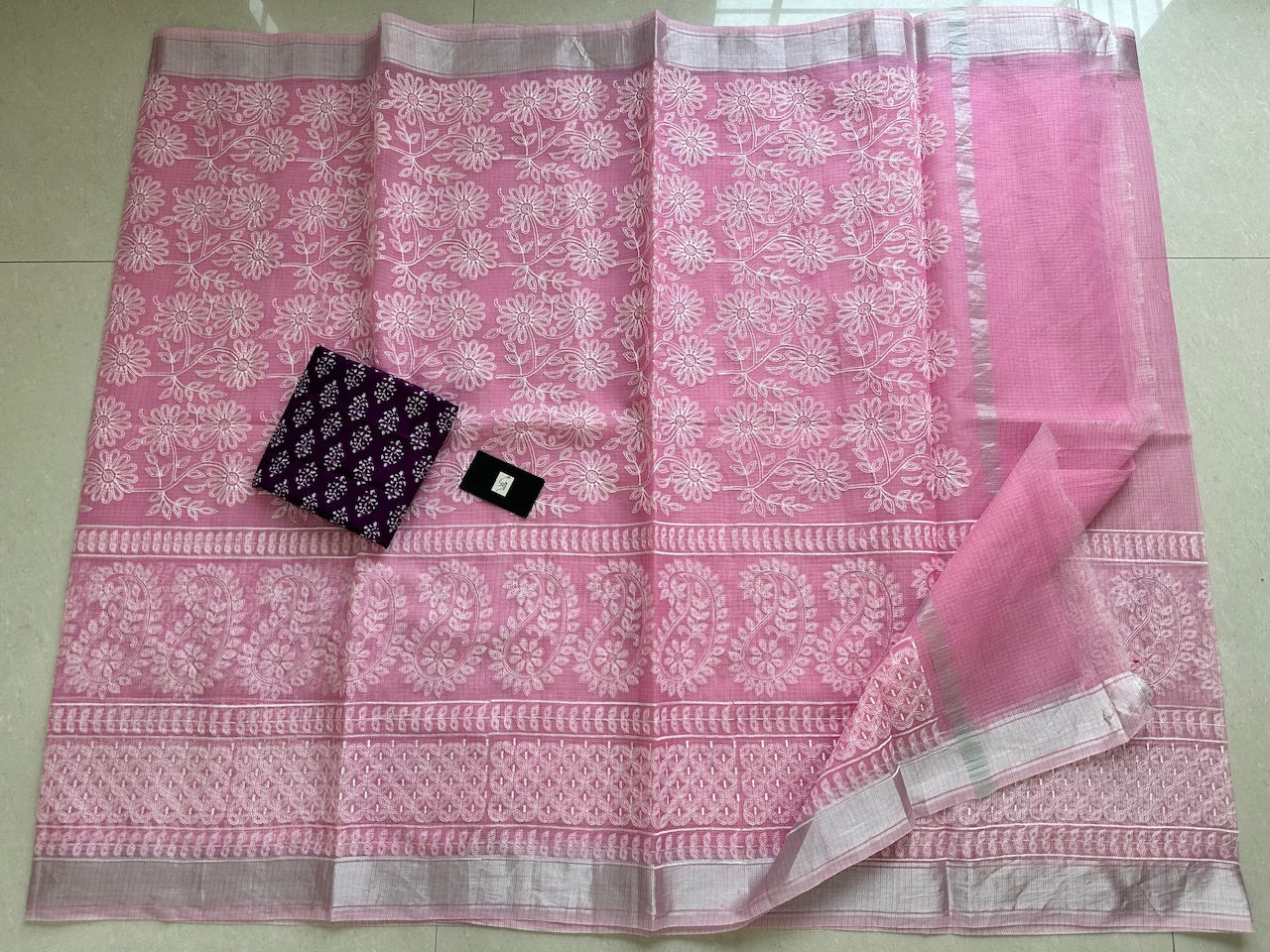 Embroidered Kota Cotton Doria Saree