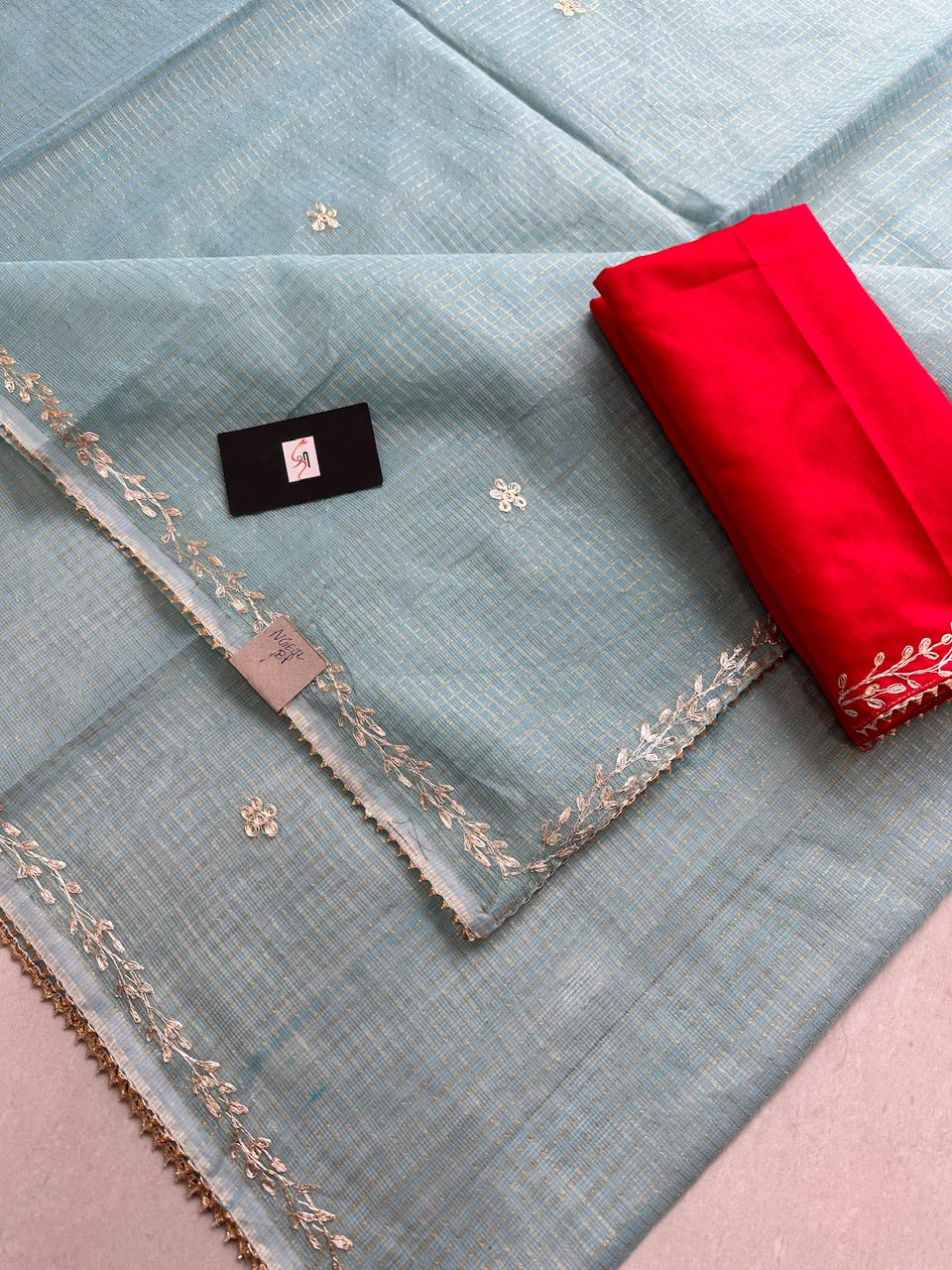 Jaipuri Pitten Embroidered Kota Cotton Tissue Doria Saree