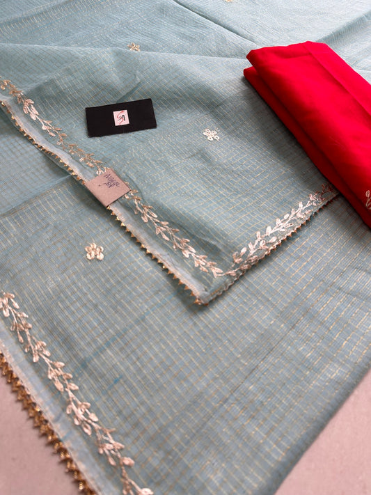 Jaipuri Pitten Embroidered Kota Cotton Tissue Doria Saree