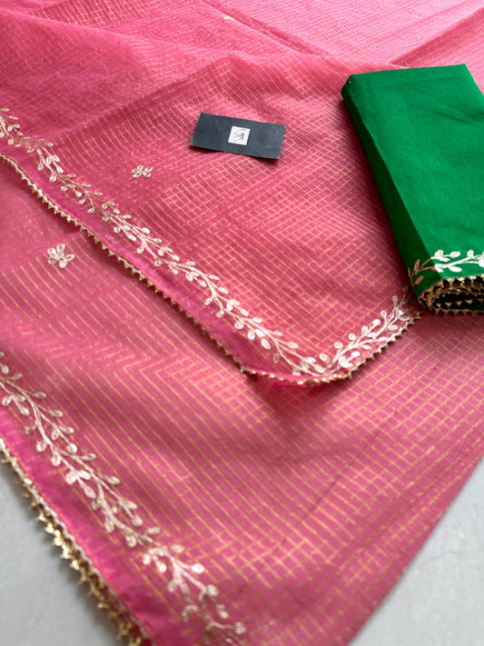 Jaipuri Pitten Work Embroidered Kota Cotton Tissue Doria Saree