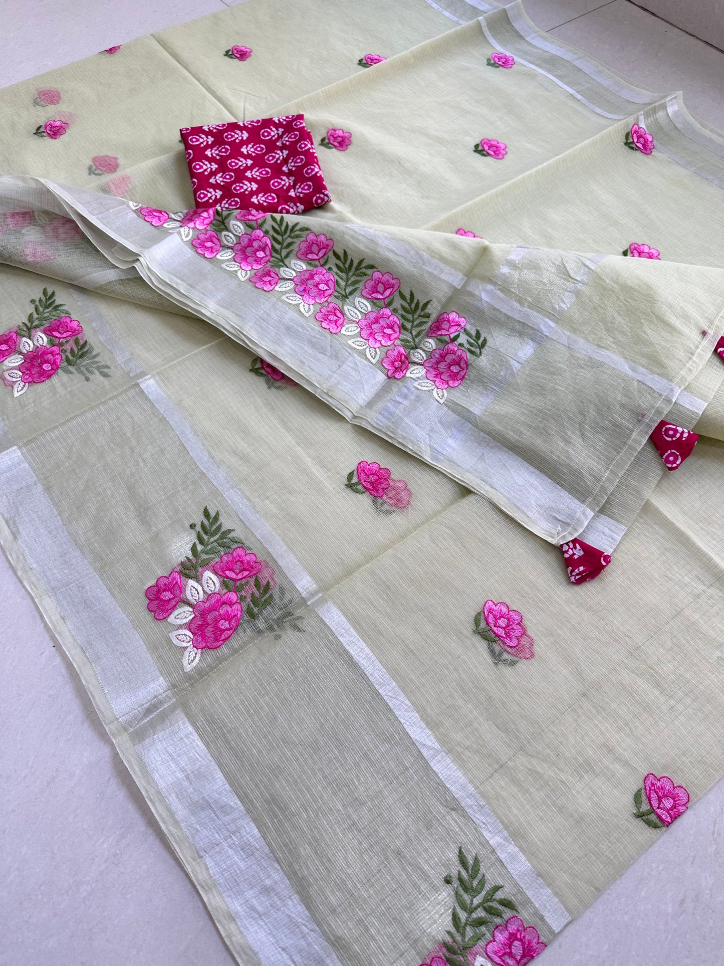 Embroidered Kota Cotton Doria Saree