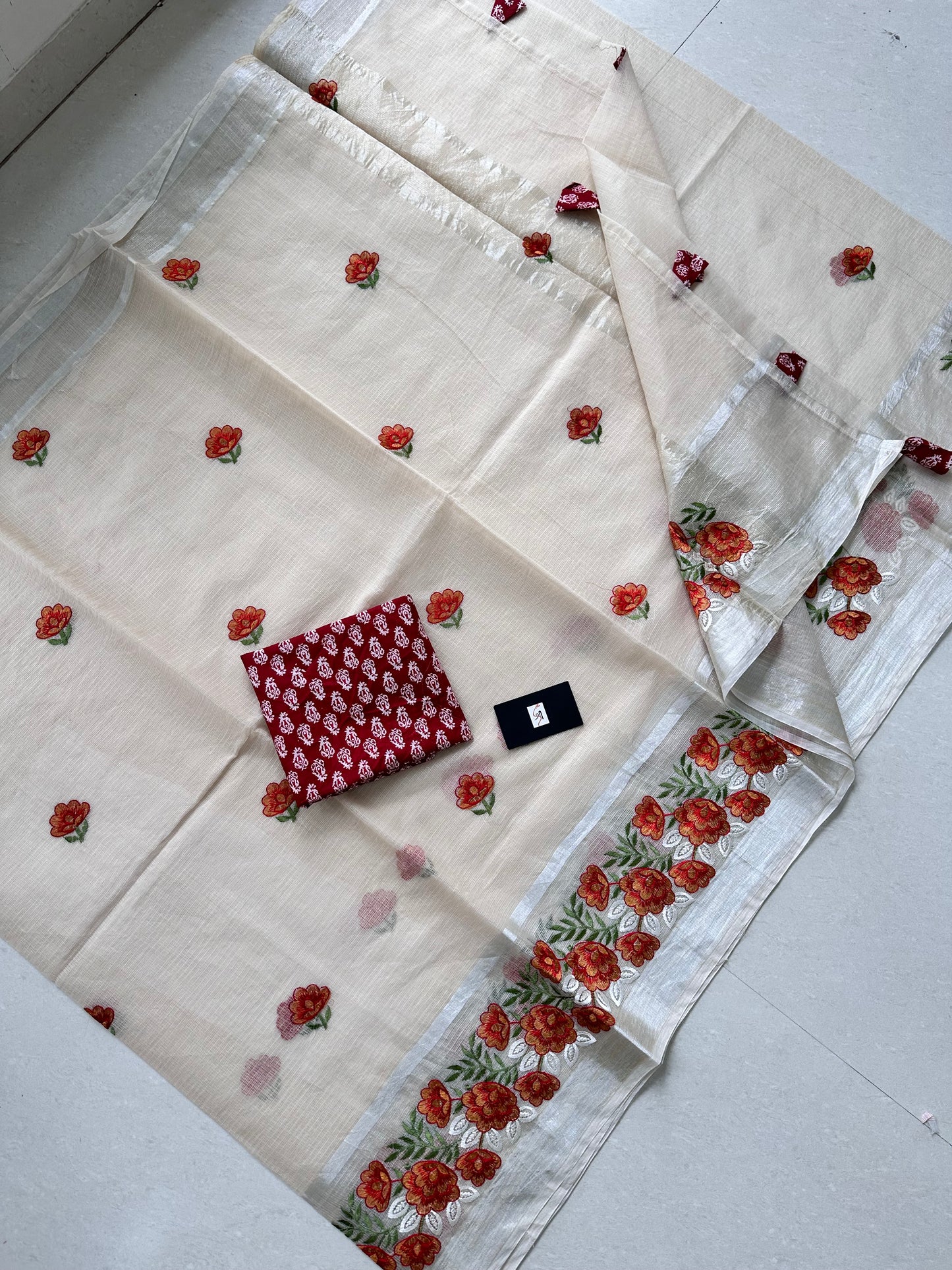 Embroidered Kota Cotton Doria Saree