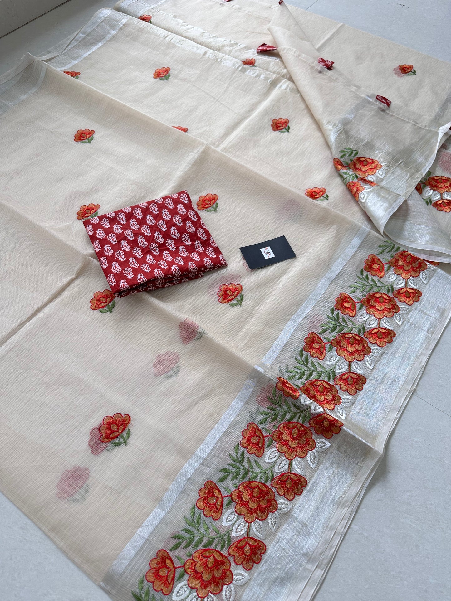 Embroidered Kota Cotton Doria Saree