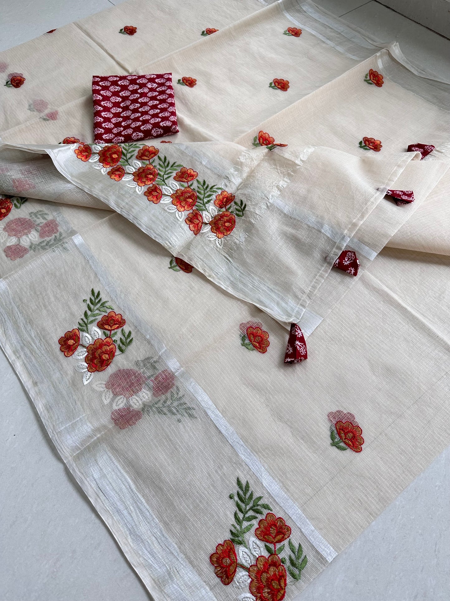 Embroidered Kota Cotton Doria Saree