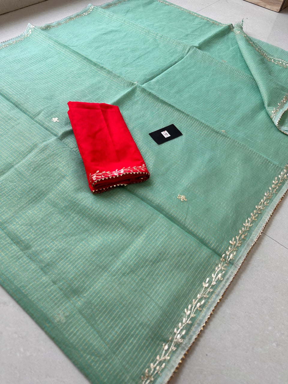 Jaipuri Pitten Work Embroidered Kota Cotton Tissue Doria Saree