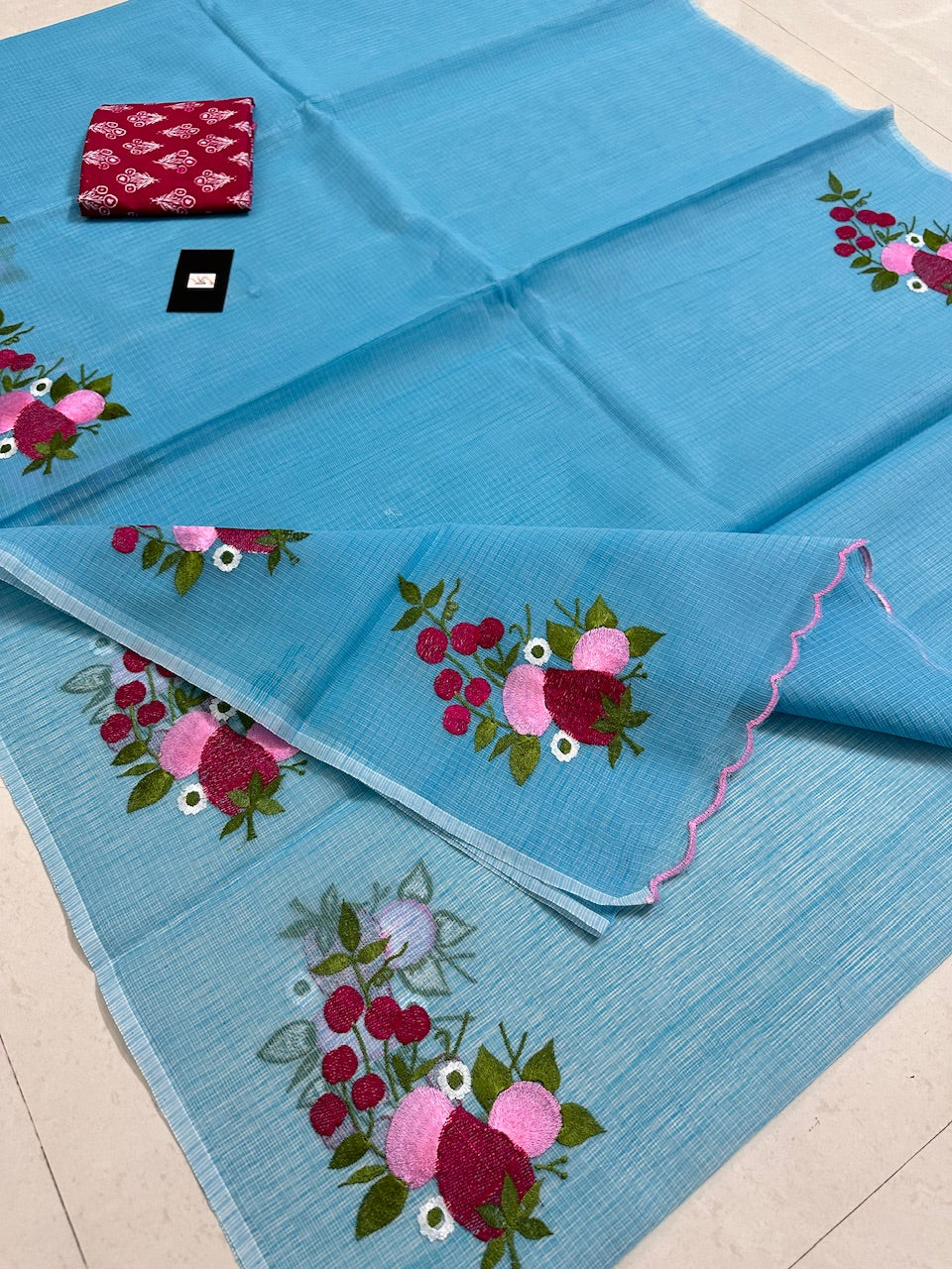 Embroidered Kota Cotton Doria Saree