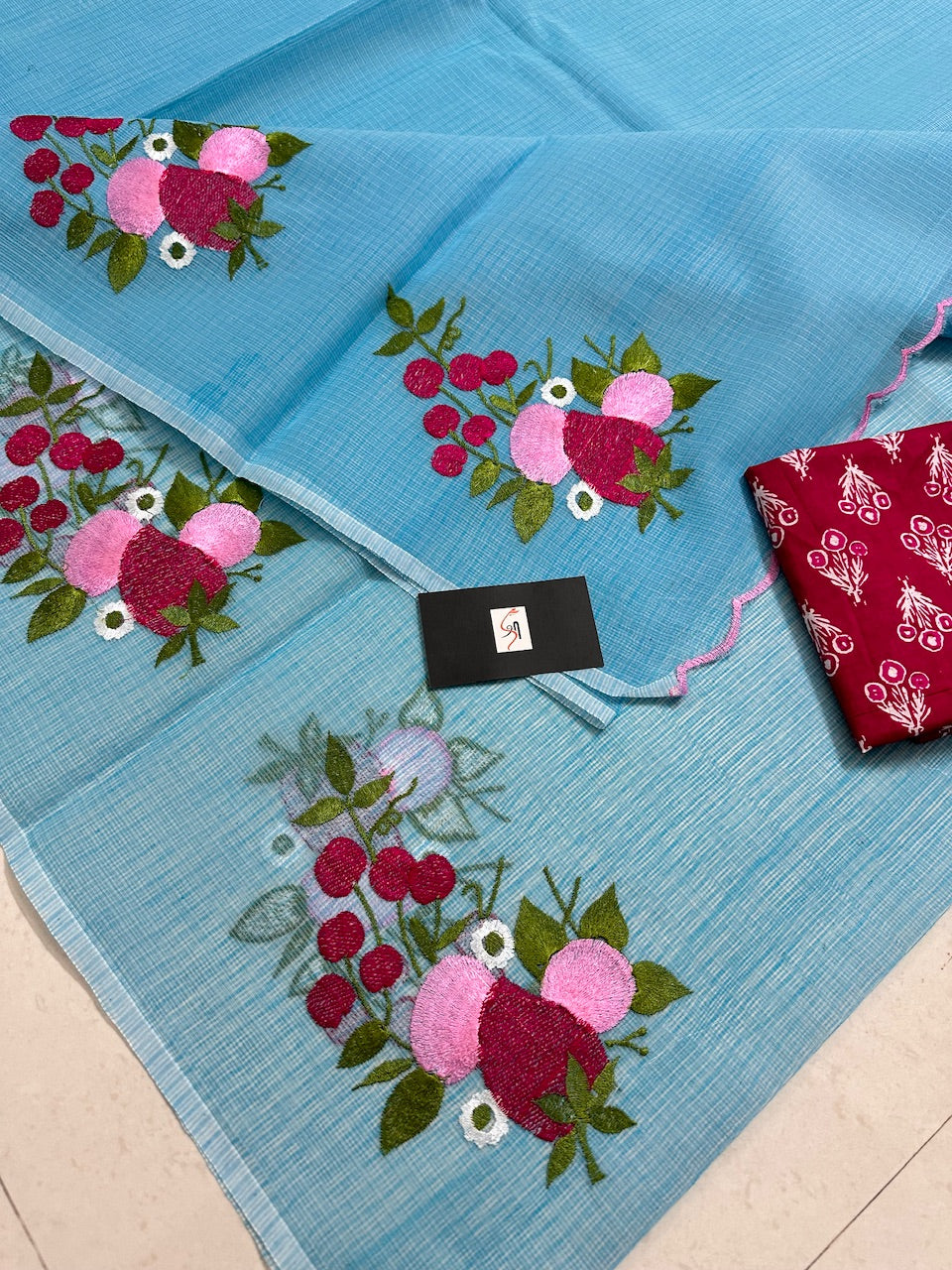 Embroidered Kota Cotton Doria Saree