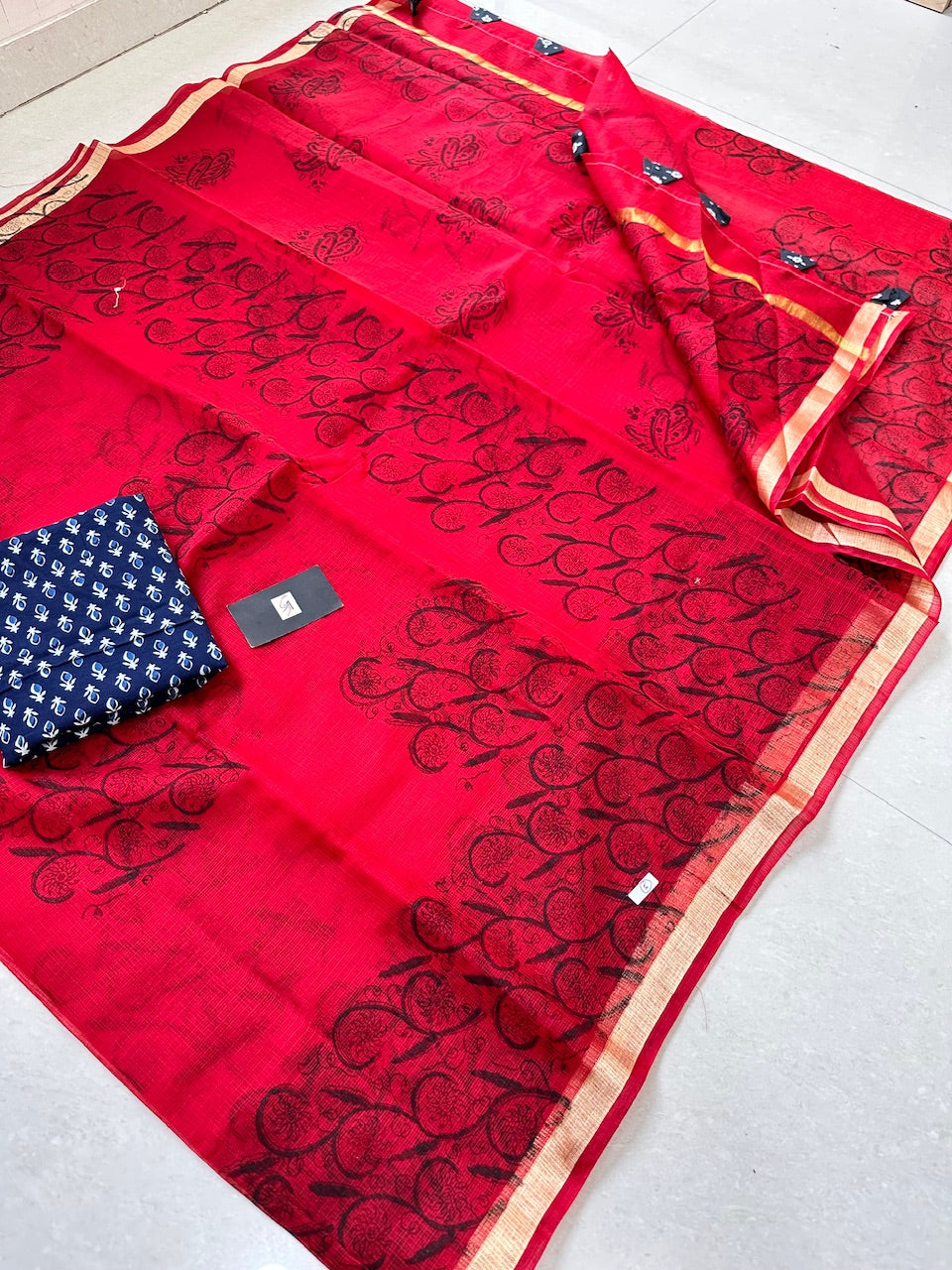 HandBlock Printed Kota Cotton Doria Saree