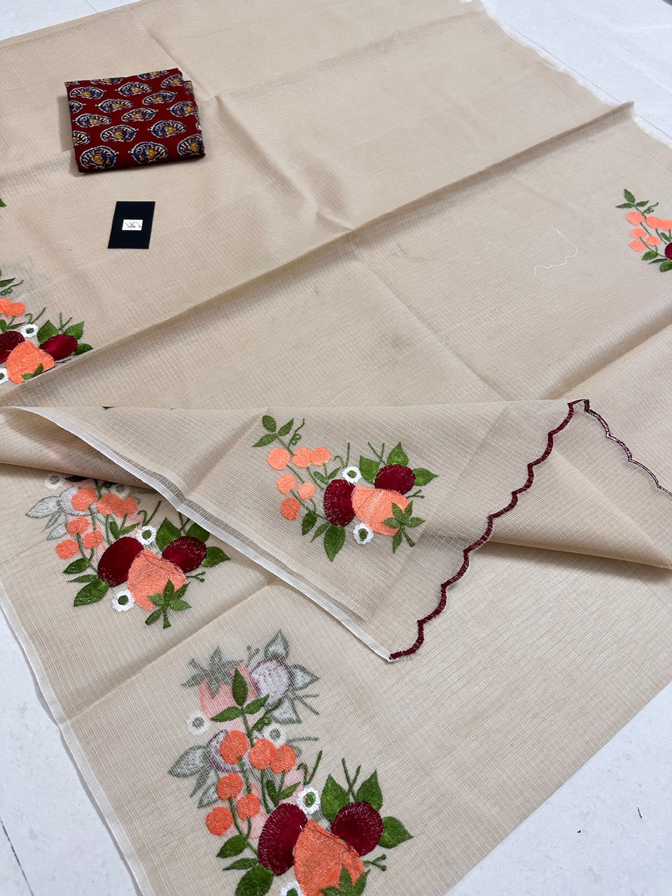 Embroidered Kota Cotton Doria Saree