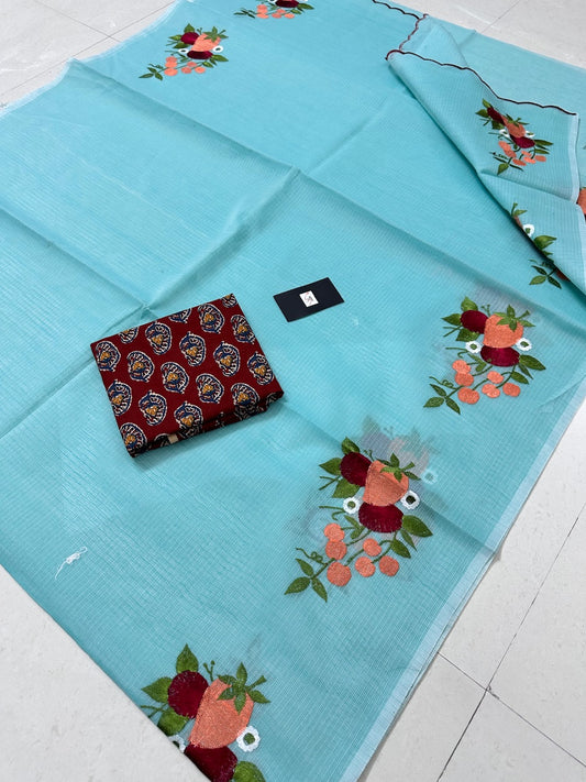 Embroidered Kota Cotton Doria Saree