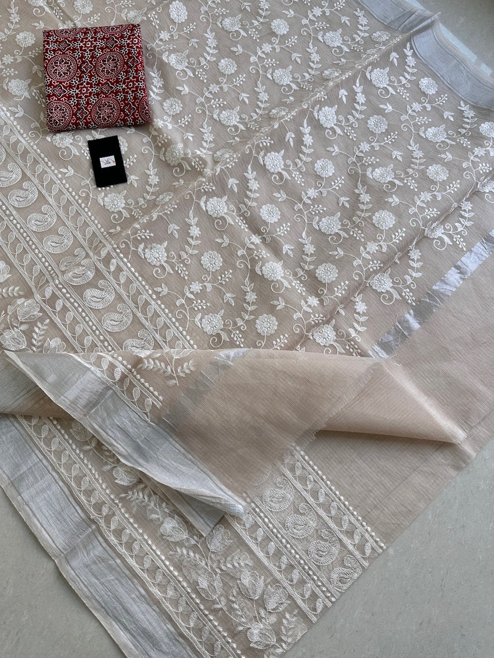 Embroidered Kota Cotton Doria Saree