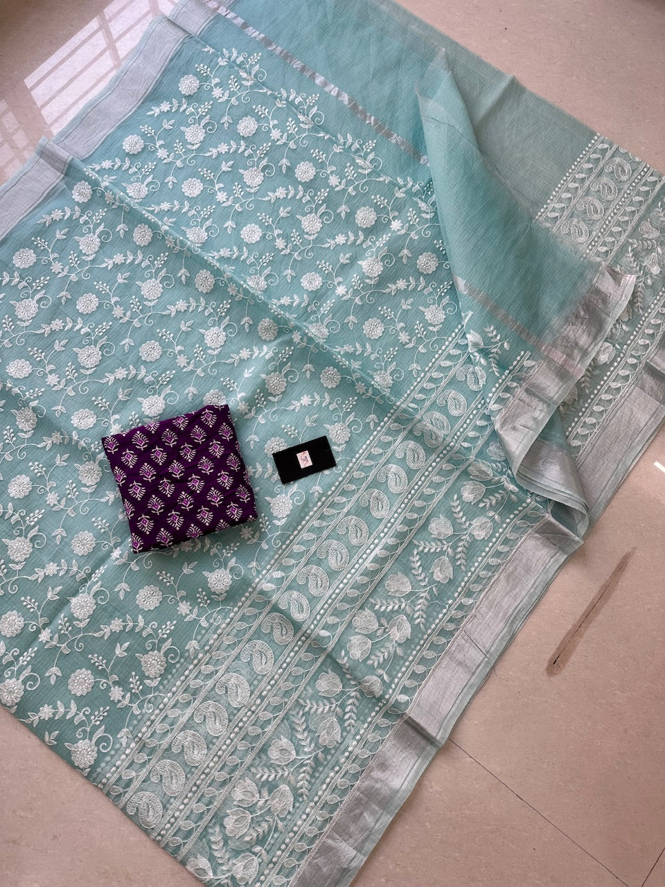 Embroidered Kota Cotton Doria Saree