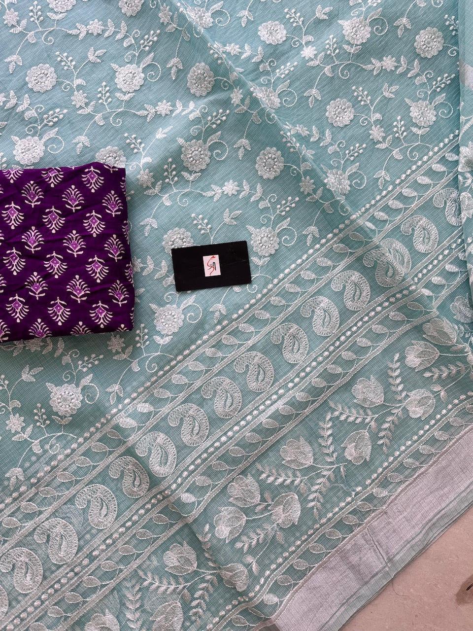 Embroidered Kota Cotton Doria Saree