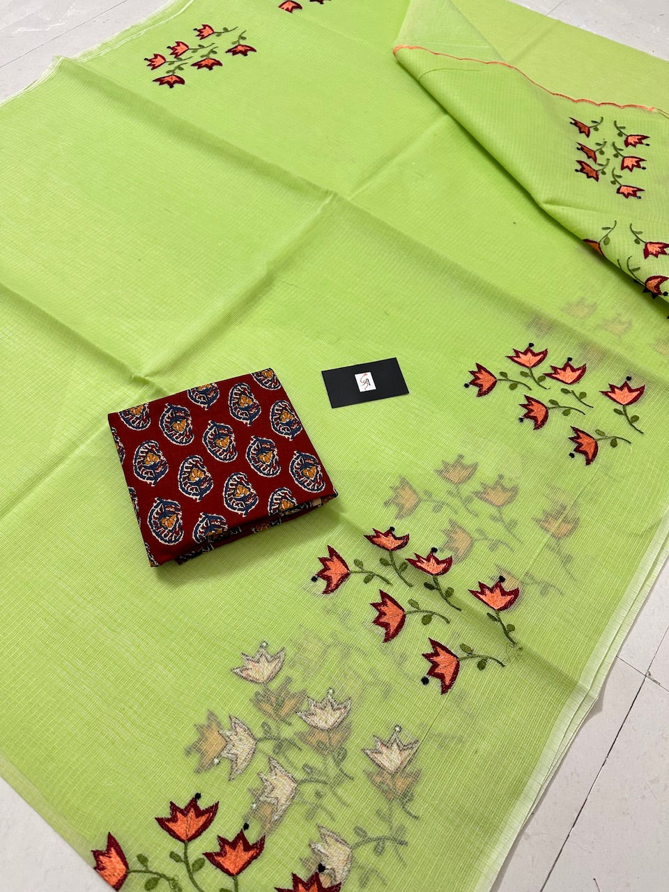 Embroidered Kota Cotton Doria Saree