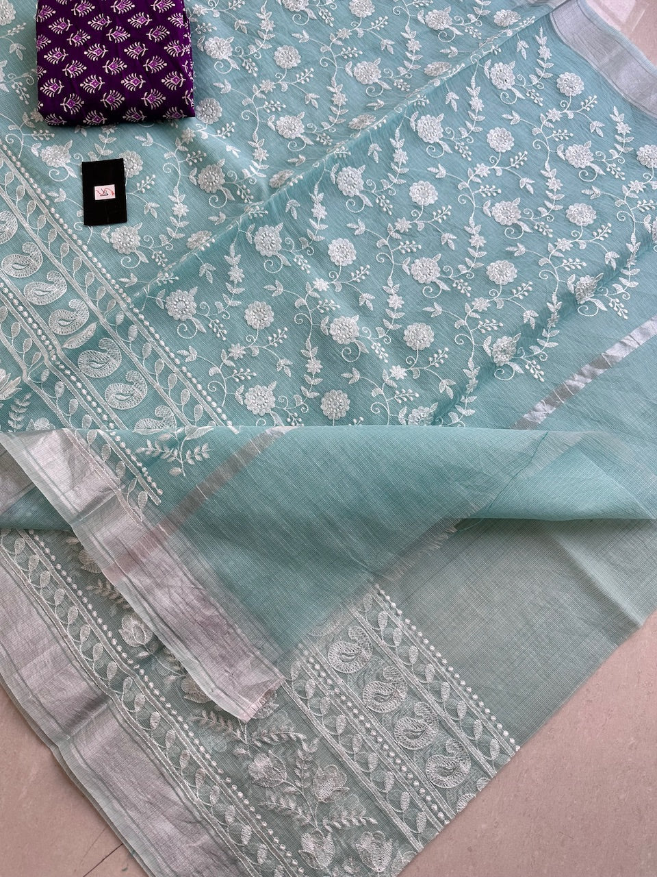 Embroidered Kota Cotton Doria Saree