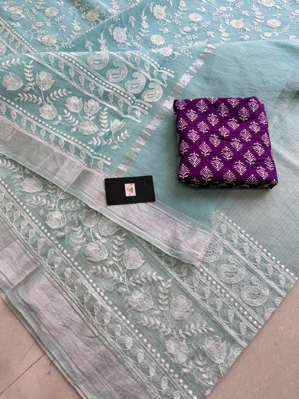 Embroidered Kota Cotton Doria Saree