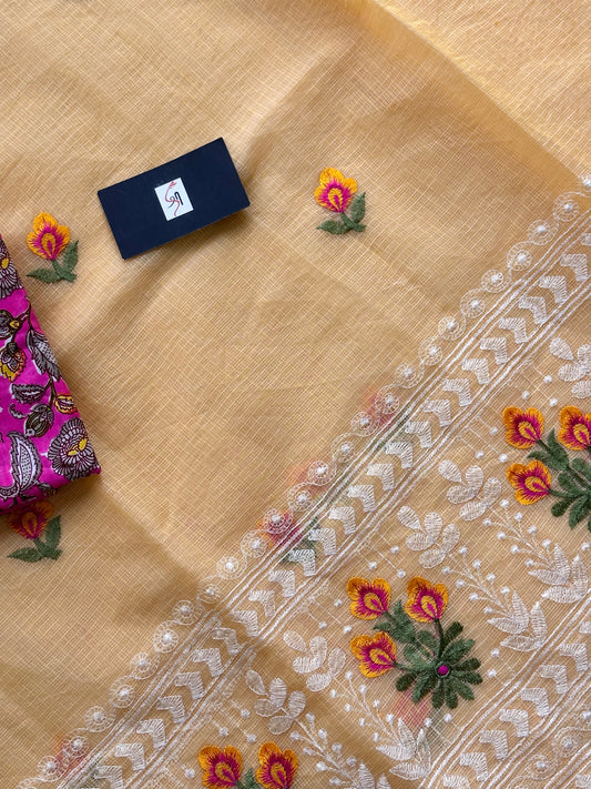 Embroidered Kota Cotton Doria Saree