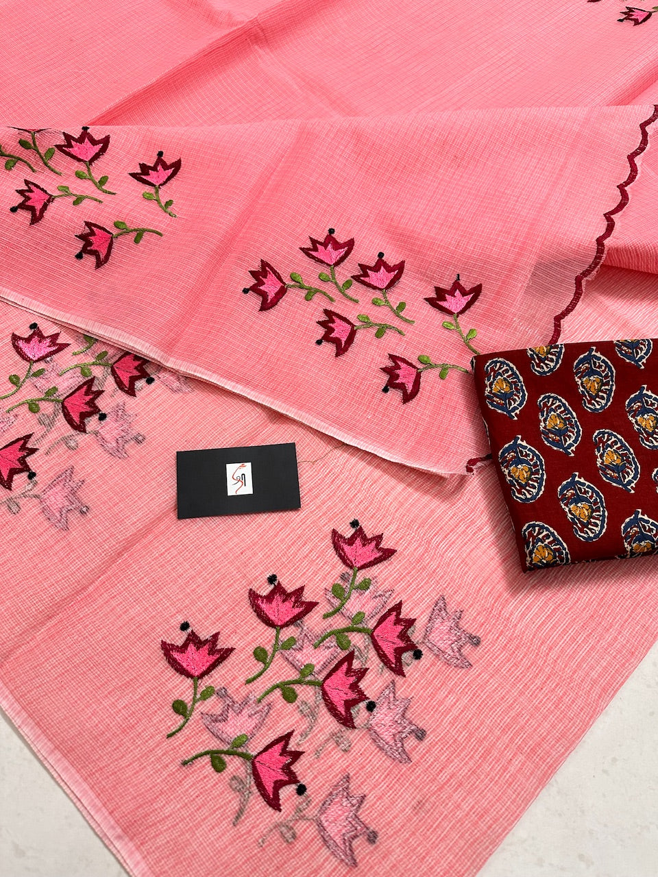 Embroidered Kota Cotton Doria Saree