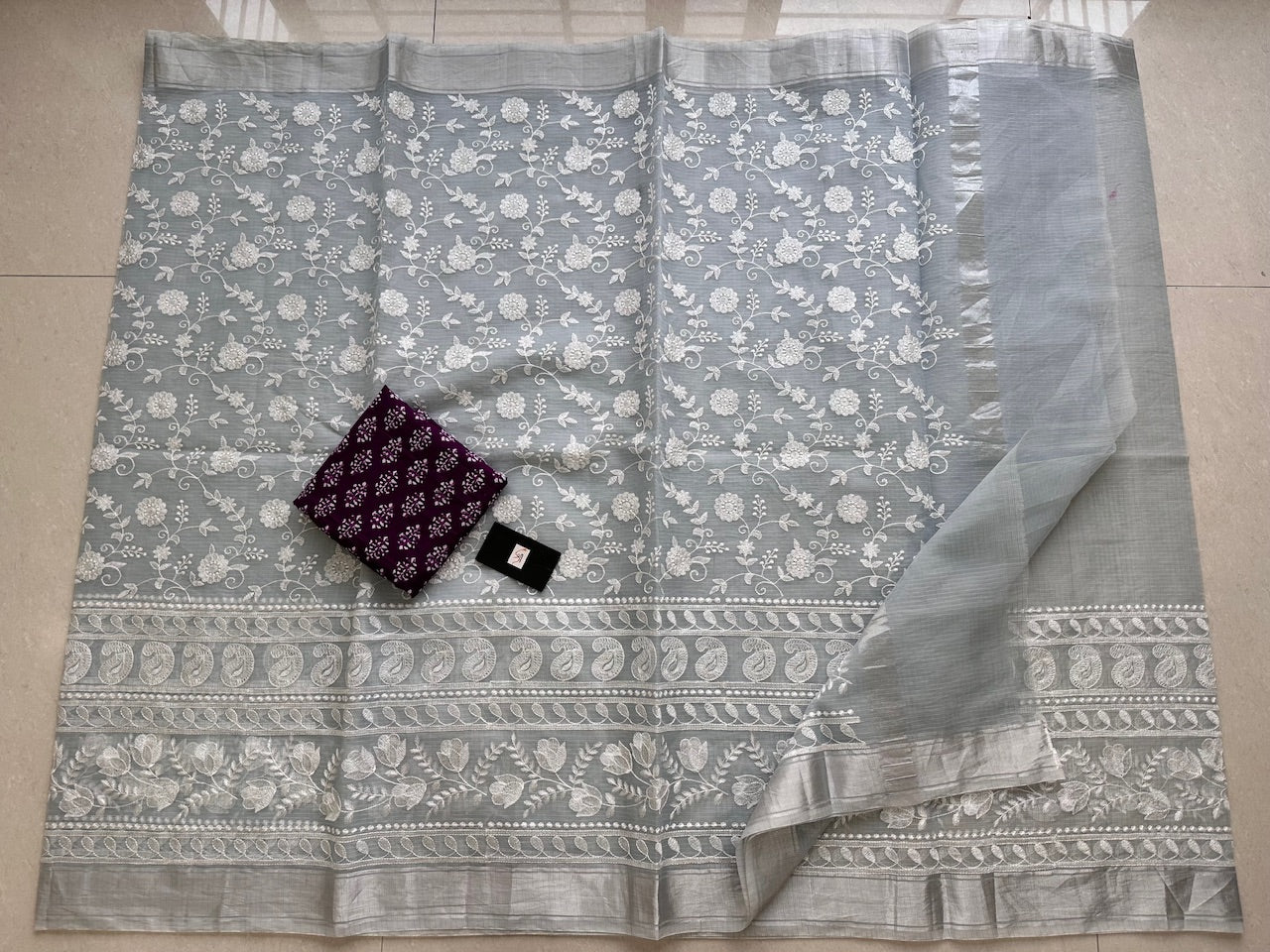 Embroidered Kota Cotton Doria Saree