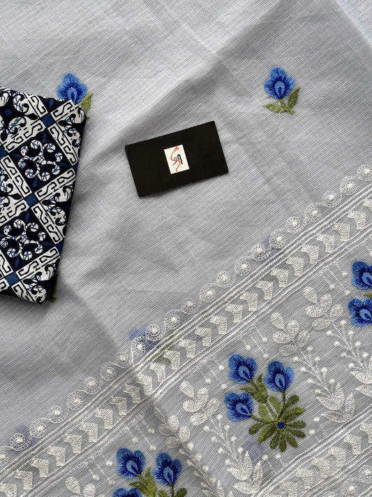 Embroidered Kota Cotton Doria Saree