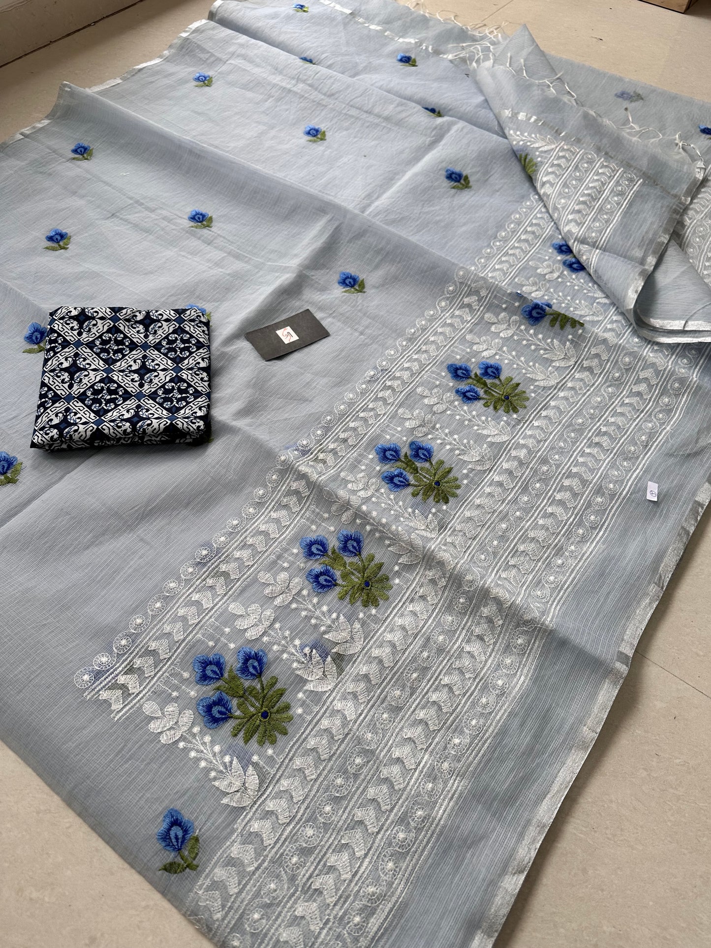 Embroidered Kota Cotton Doria Saree