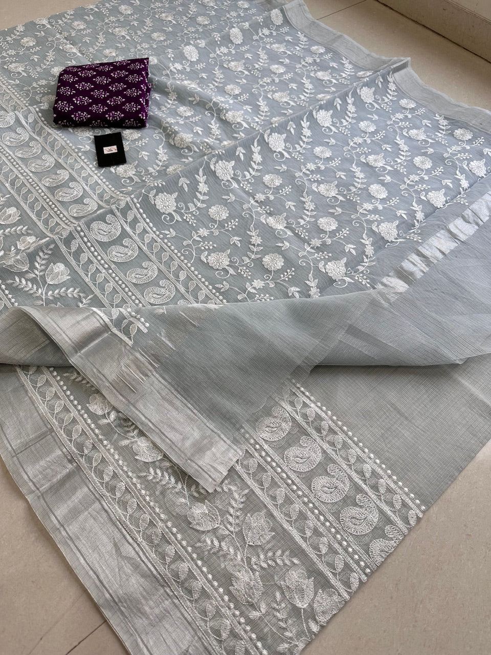 Embroidered Kota Cotton Doria Saree