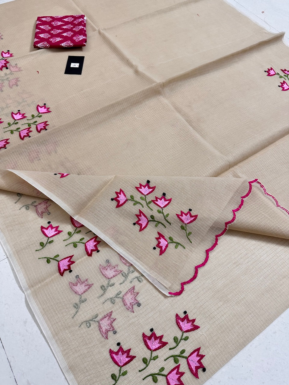 Embroidered Kota Cotton Doria Saree