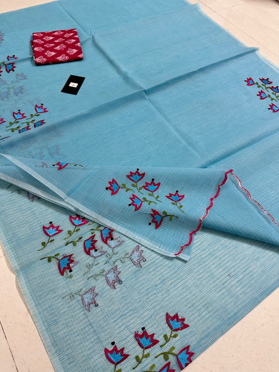 Embroidered Kota Cotton Doria Saree