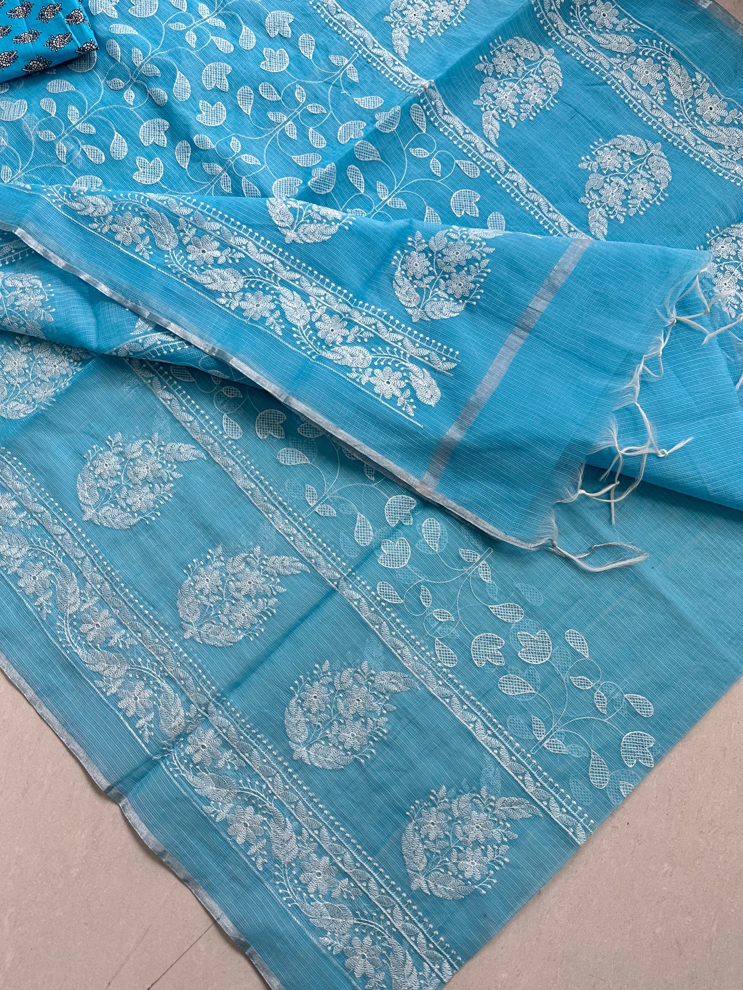 Embroidered Kota Cotton Doria Saree