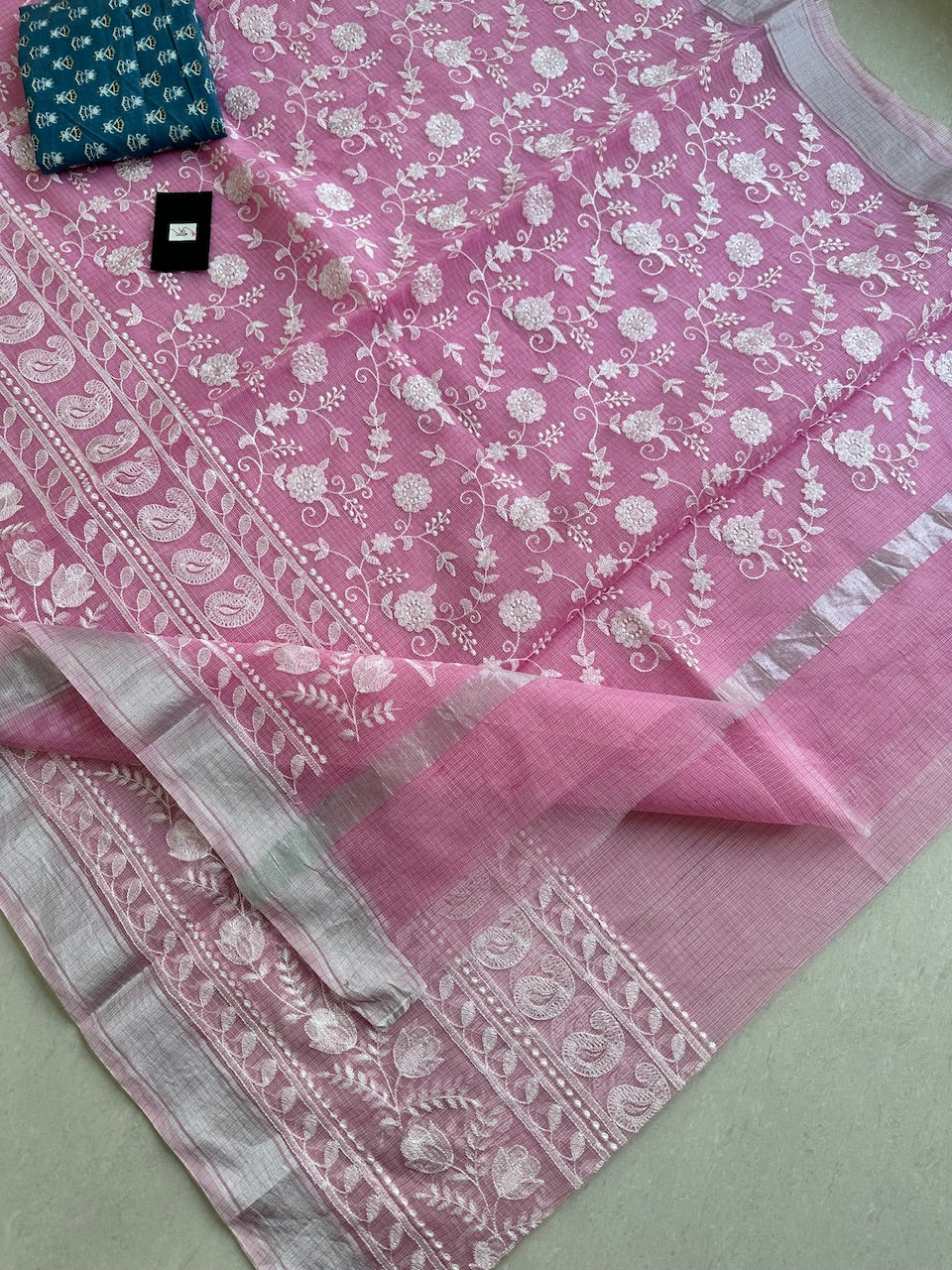 Embroidered Kota Cotton Doria Saree