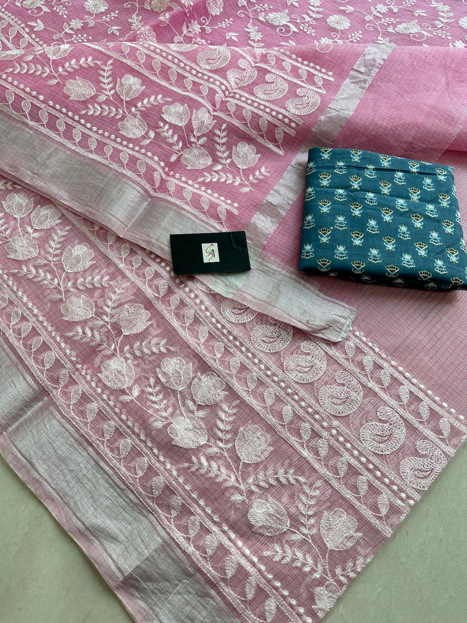 Embroidered Kota Cotton Doria Saree