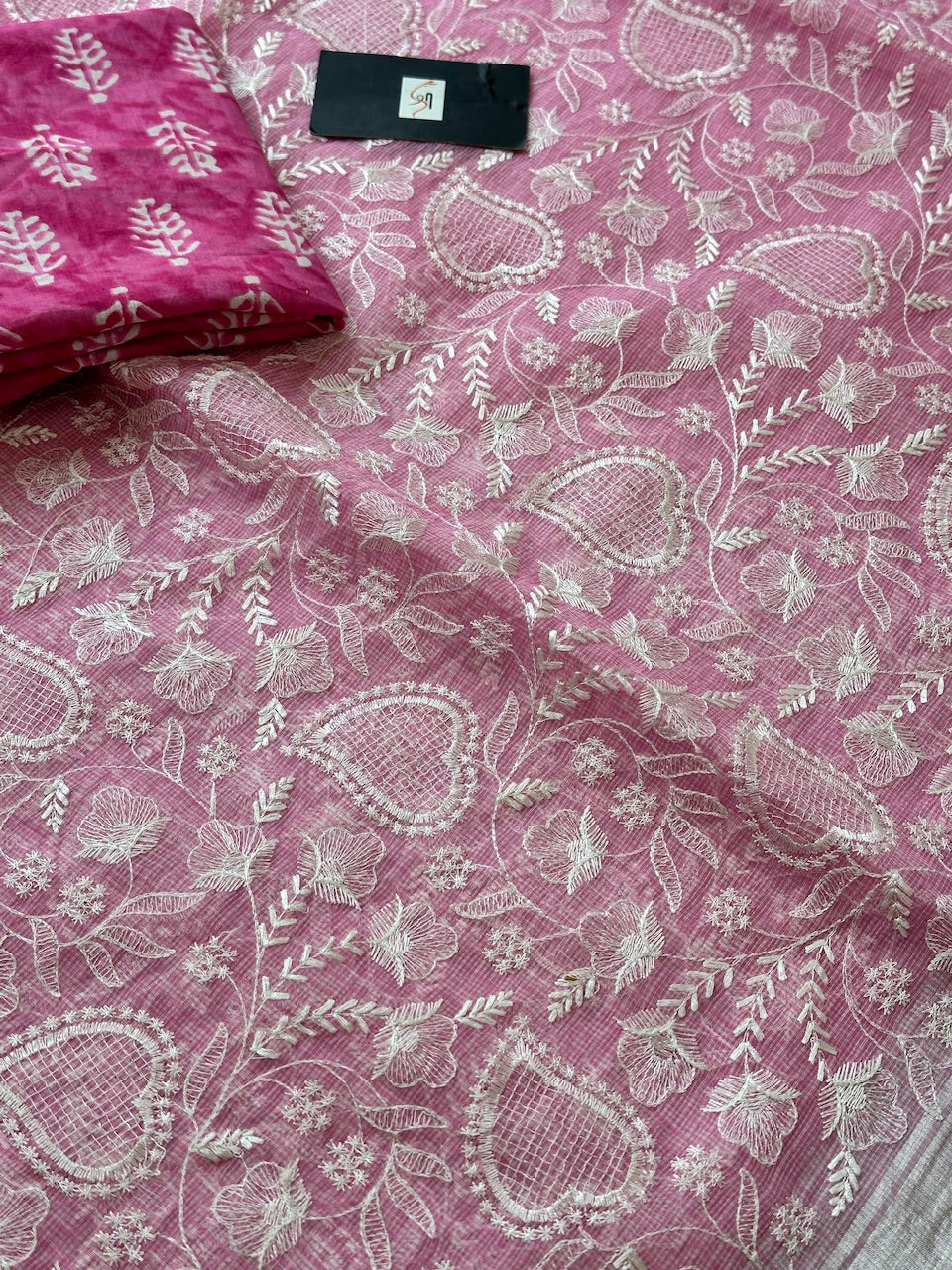 Embroidered Kota Cotton Doria Saree