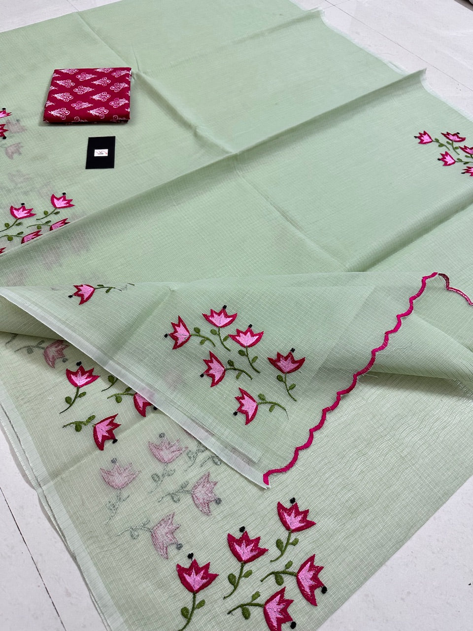 Embroidered Kota Cotton Doria Saree