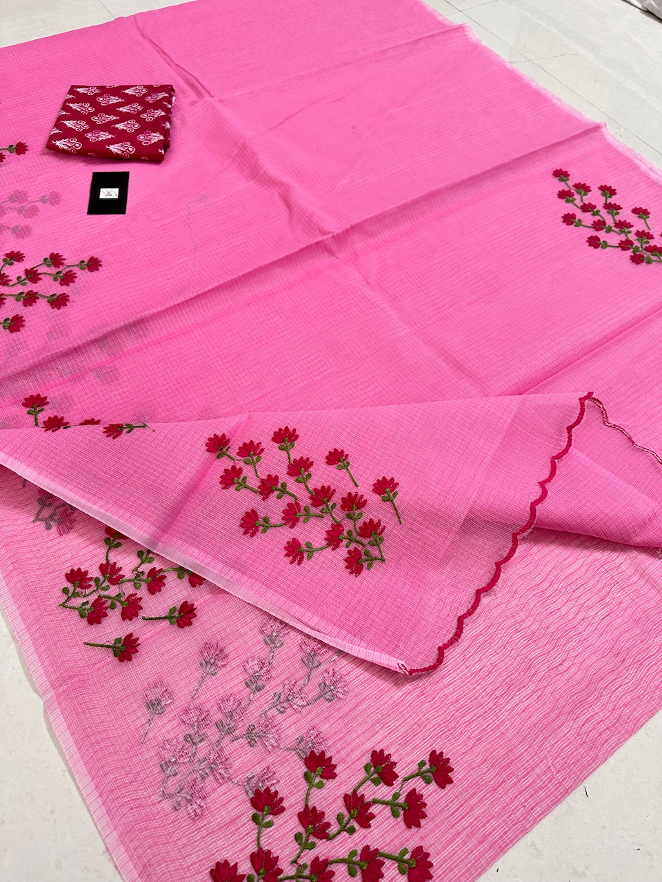 Embroidered Kota Cotton Doria Saree