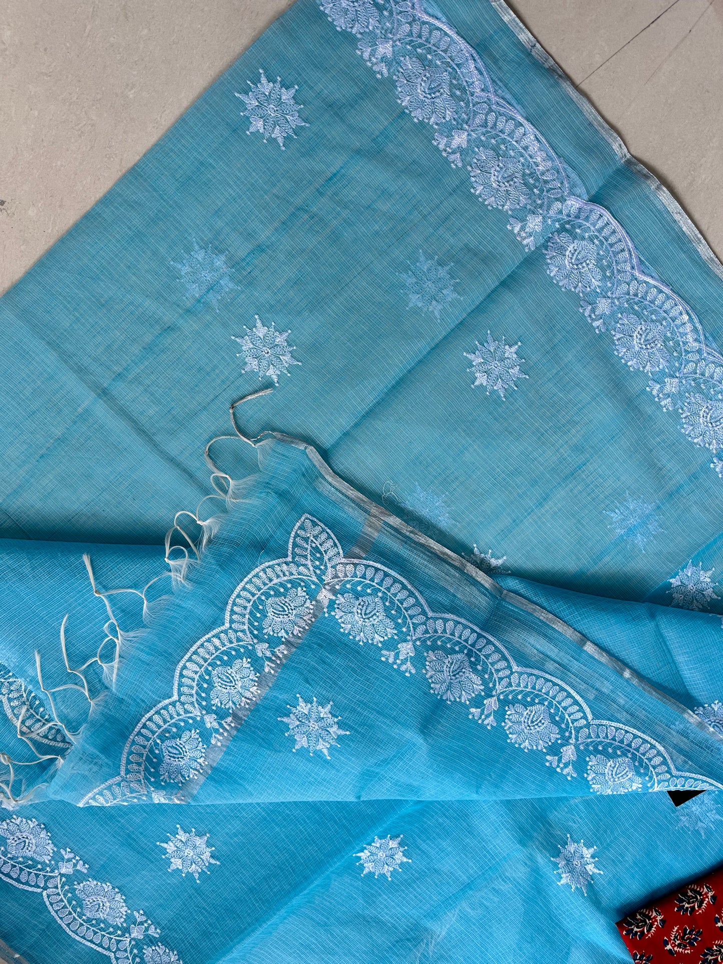 Embroidered Kota Cotton Doria Saree