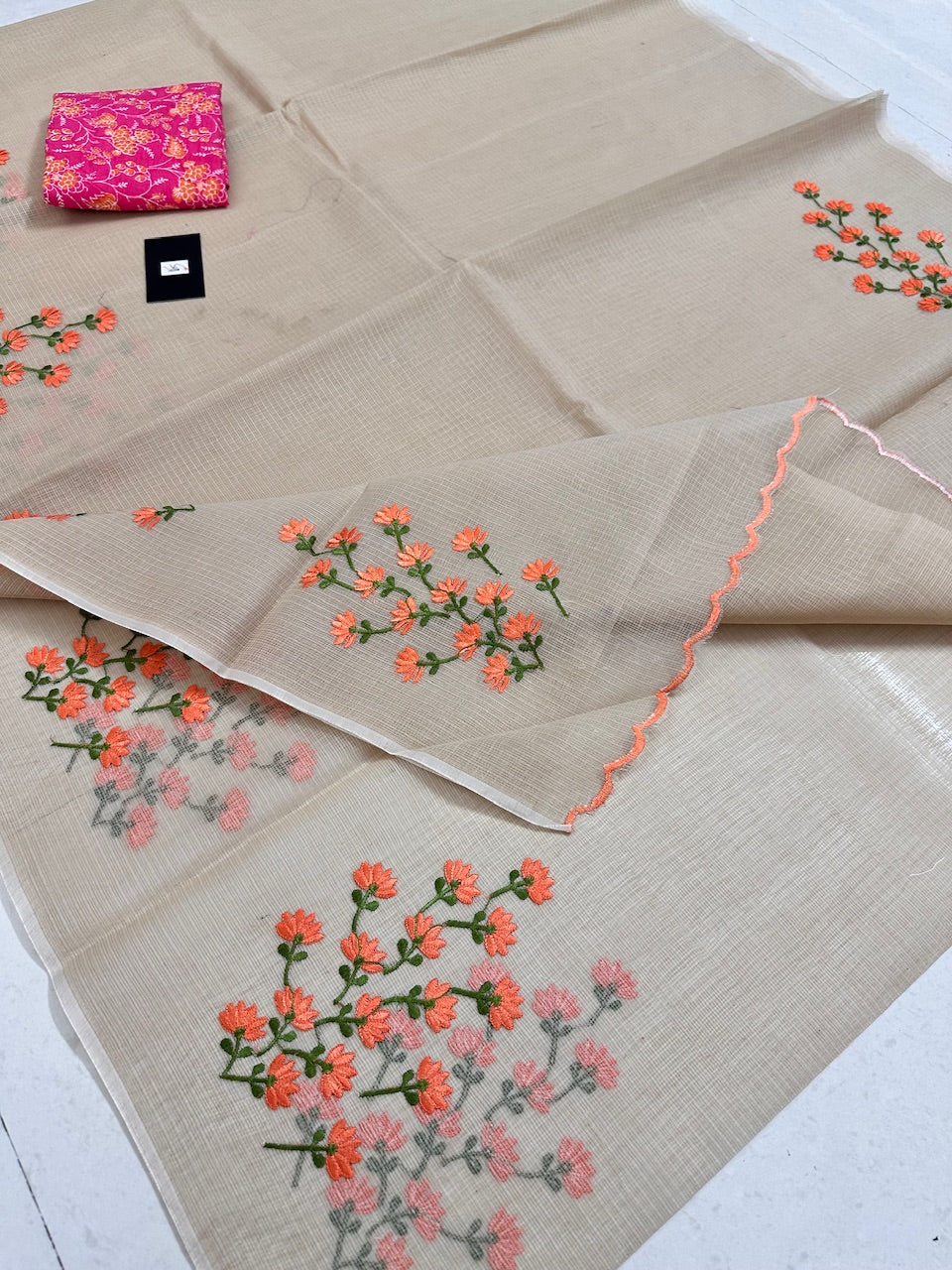 Embroidered Kota Cotton Doria Saree