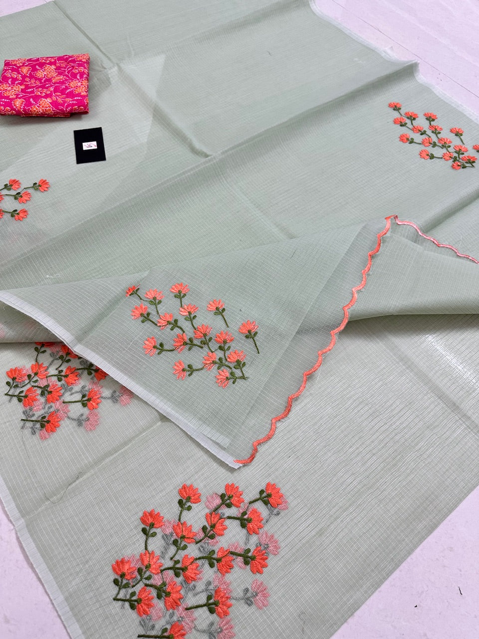 Embroidered Kota Cotton Doria Saree