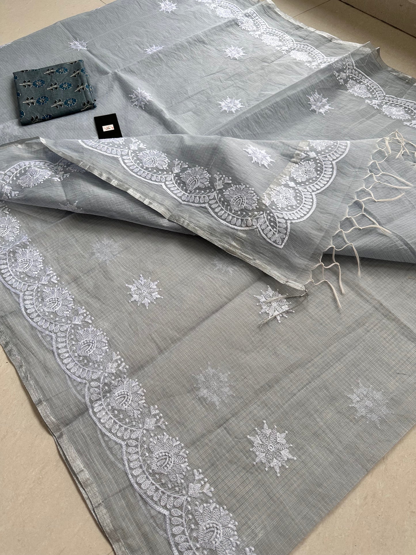 Embroidered Kota Cotton Doria Saree